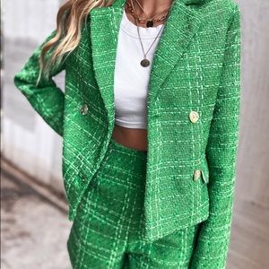 Green Tweed blazer and shorts